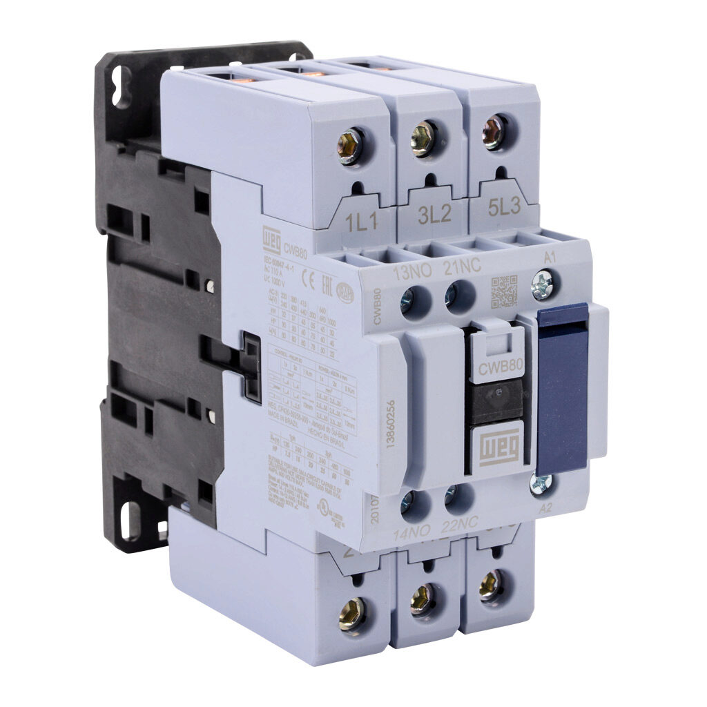 CWB80-11-30V24 - WEG Electric CWB series IEC contactor, 80A, (3) N.O. power poles, (1) N.O./(1) N.C. auxiliary contacts, 208-240 VAC (60Hz)/180-208 VAC (50Hz) coil voltage.