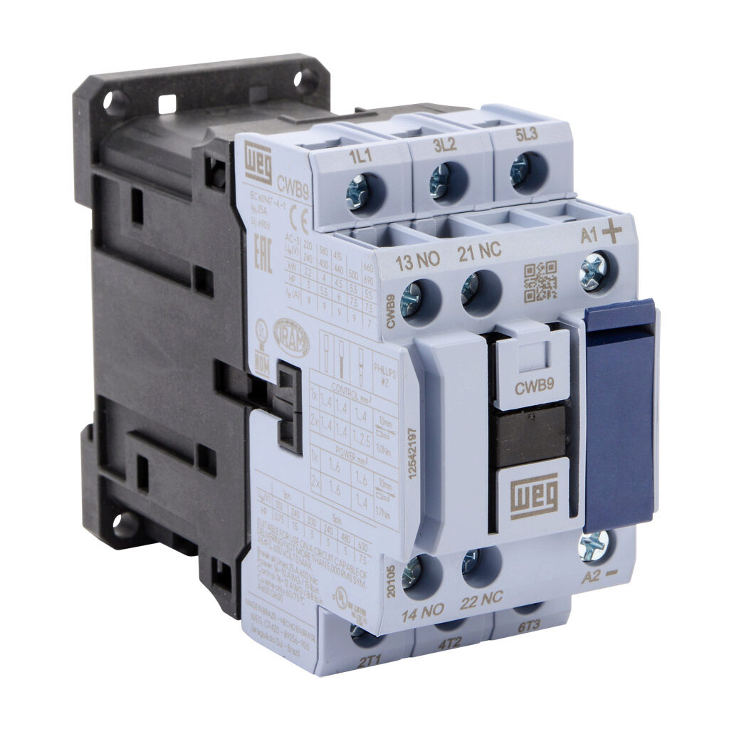 CWB9-11-30C03 - WEG Electric CWB series IEC contactor, 9A, (3) N.O. power poles, (1) N.O./(1) N.C. auxiliary contacts, 24 VDC coil voltage.