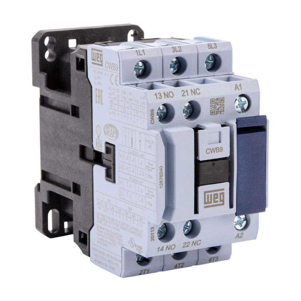 CWB9-11-30D39 - WEG Electric CWB series IEC contactor, 9A, (3) N.O. power poles, (1) N.O./(1) N.C. auxiliary contacts, 480 VAC (50/60Hz) coil voltage.