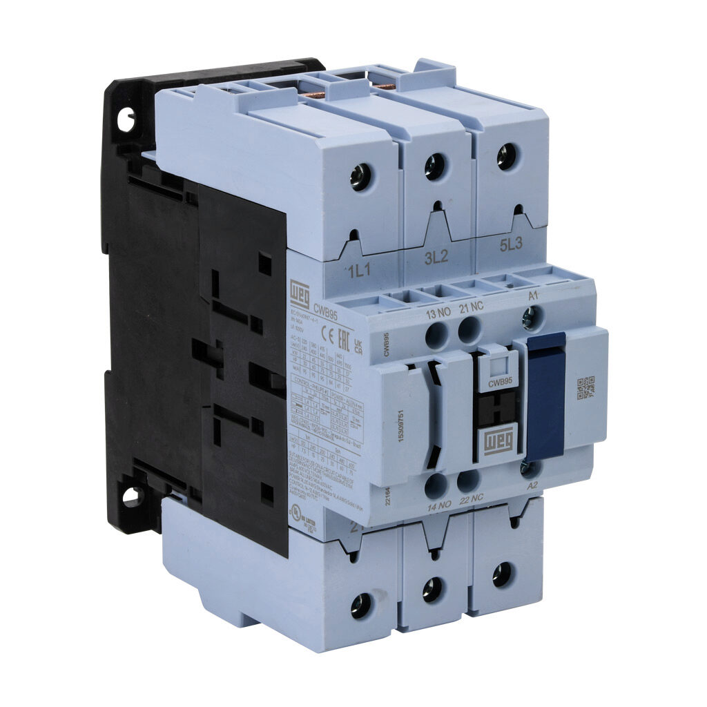 CWB95-11-30D39 - WEG Electric CWB series IEC contactor, 95A, (3) N.O. power poles, (1) N.O./(1) N.C. auxiliary contacts, 480 VAC (50/60Hz) coil voltage.