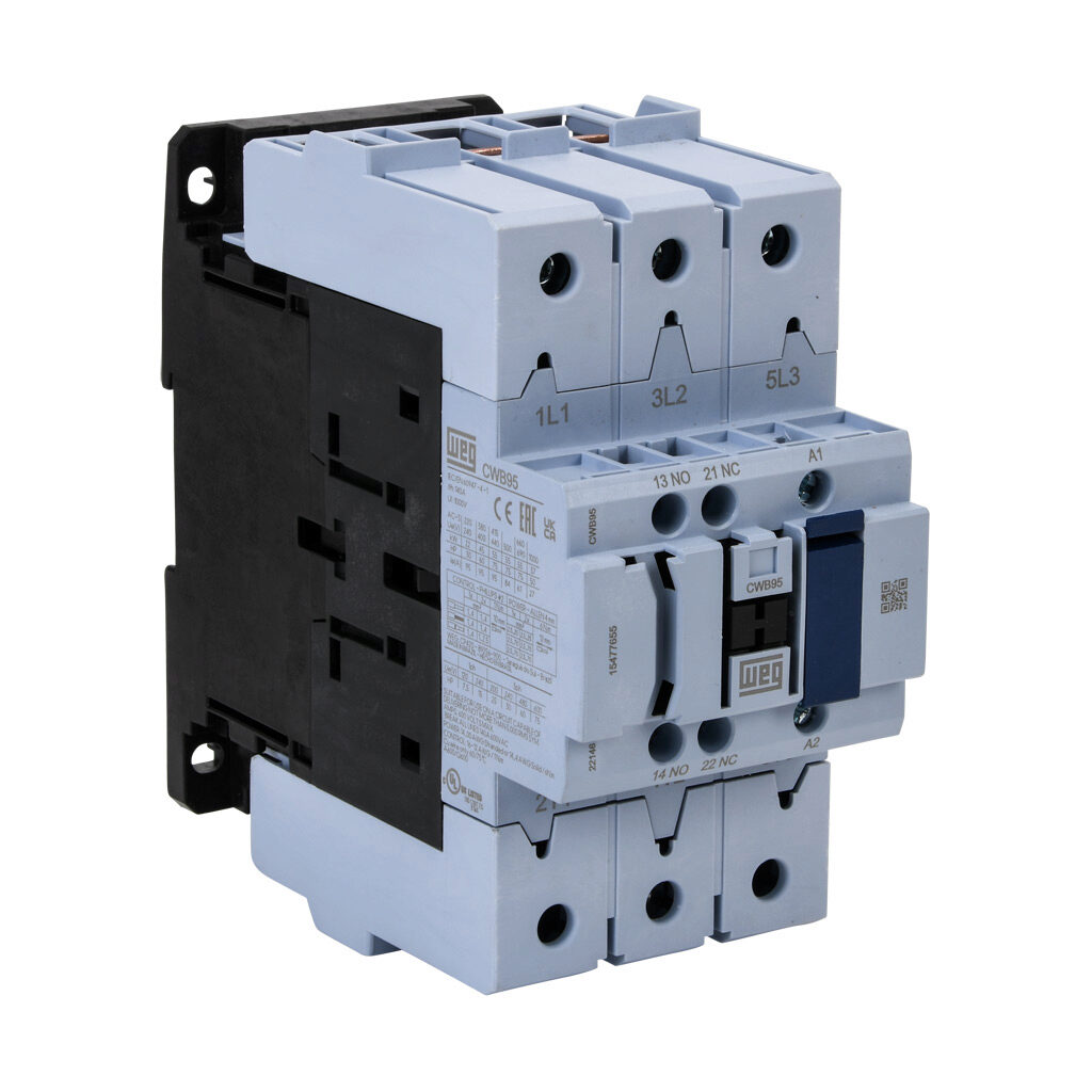 CWB95-11-30D77 - WEG Electric CWB series IEC contactor, 95A, (3) N.O. power poles, (1) N.O./(1) N.C. auxiliary contacts, 208 VAC (50/60Hz) coil voltage.