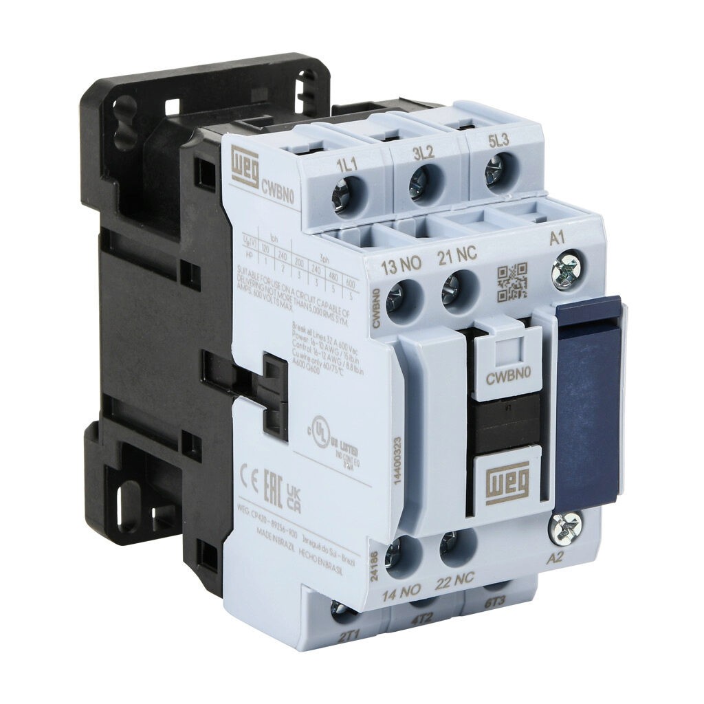 CWBN0-11-30D15 - WEG Electric CWBN series IEC contactor, NEMA size 0, 18A, (3) N.O. power poles, (1) N.O./(1) N.C. auxiliary contacts, 120 VAC (50/60Hz) coil voltage.