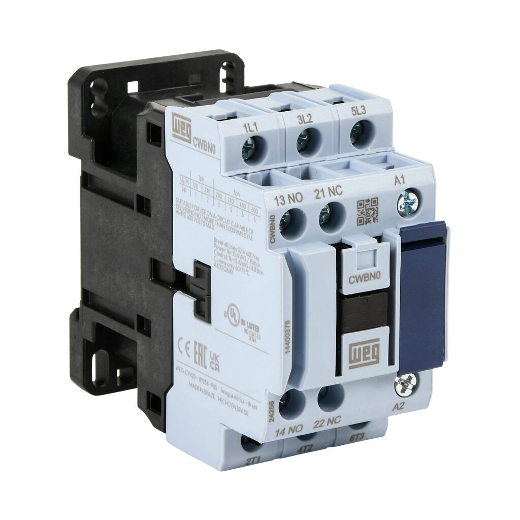CWBN0-11-30D39 - WEG Electric CWBN series IEC contactor, NEMA size 0, 18A, (3) N.O. power poles, (1) N.O./(1) N.C. auxiliary contacts, 480 VAC (50/60Hz) coil voltage.