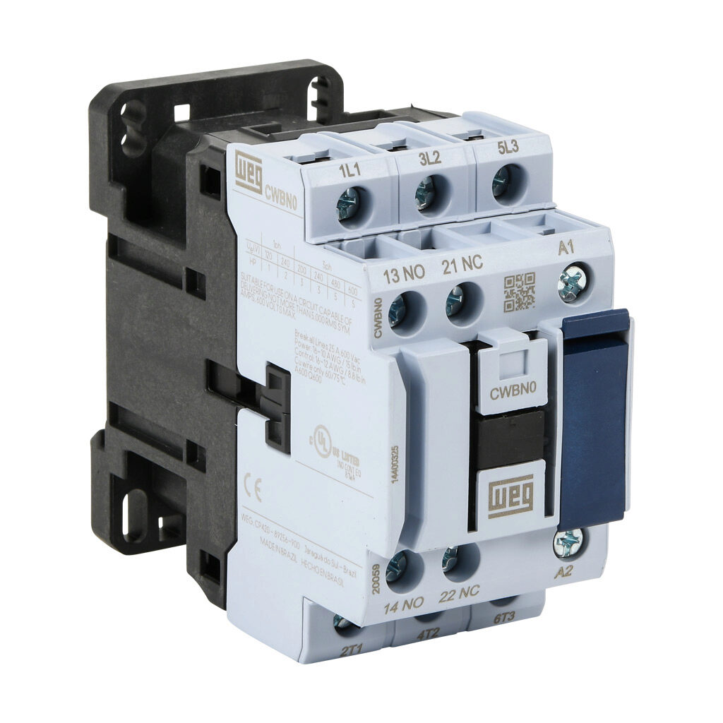 CWBN0-11-30V24 - WEG Electric CWBN series IEC contactor, NEMA size 0, 18A, (3) N.O. power poles, (1) N.O./(1) N.C. auxiliary contacts, 208-240 VAC (60Hz)/180-208 VAC (50Hz) coil voltage.
