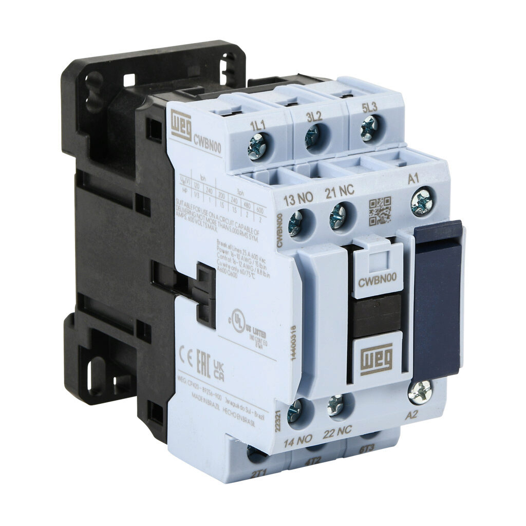 CWBN00-11-30D15 - WEG Electric CWBN series IEC contactor, NEMA size 00, 9A, (3) N.O. power poles, (1) N.O./(1) N.C. auxiliary contacts, 120 VAC (50/60Hz) coil voltage.