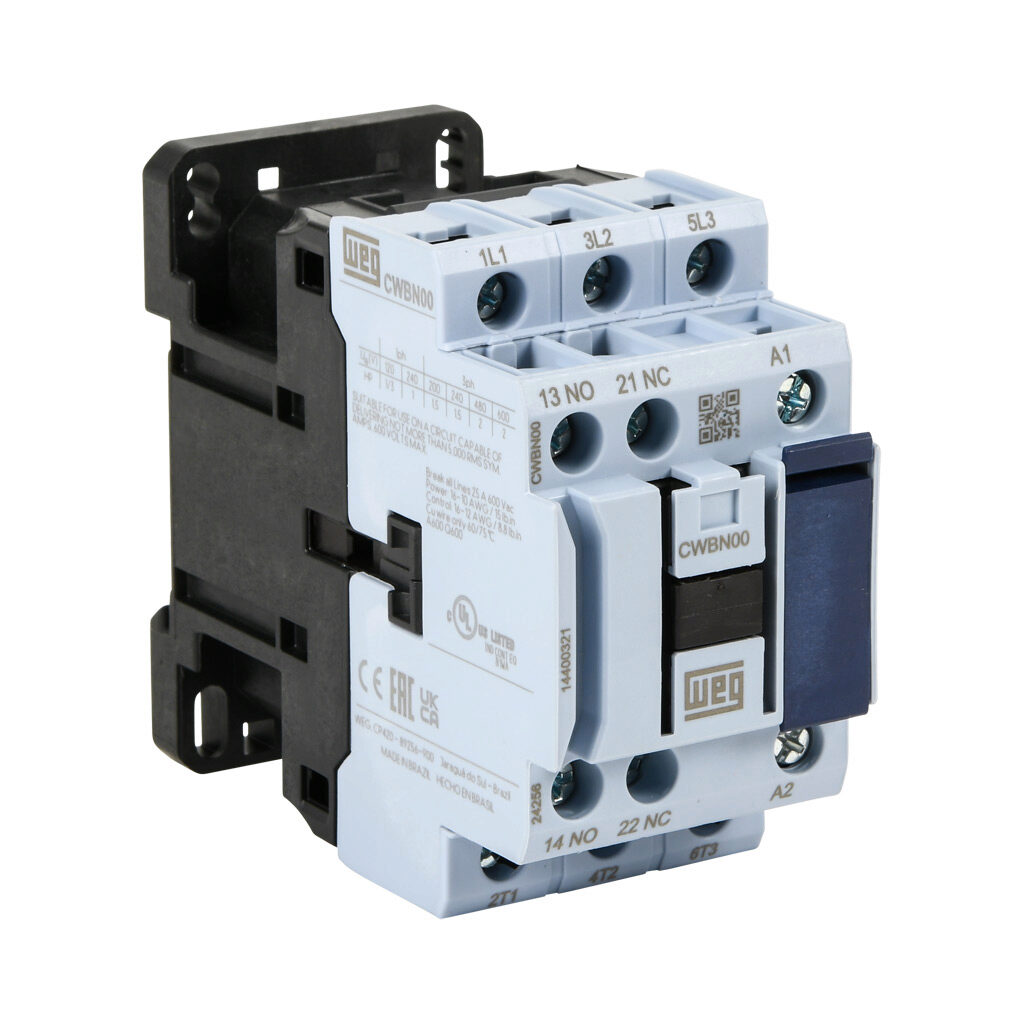 CWBN00-11-30D39 - WEG Electric CWBN series IEC contactor, NEMA size 00, 9A, (3) N.O. power poles, (1) N.O./(1) N.C. auxiliary contacts, 480 VAC (50/60Hz) coil voltage.