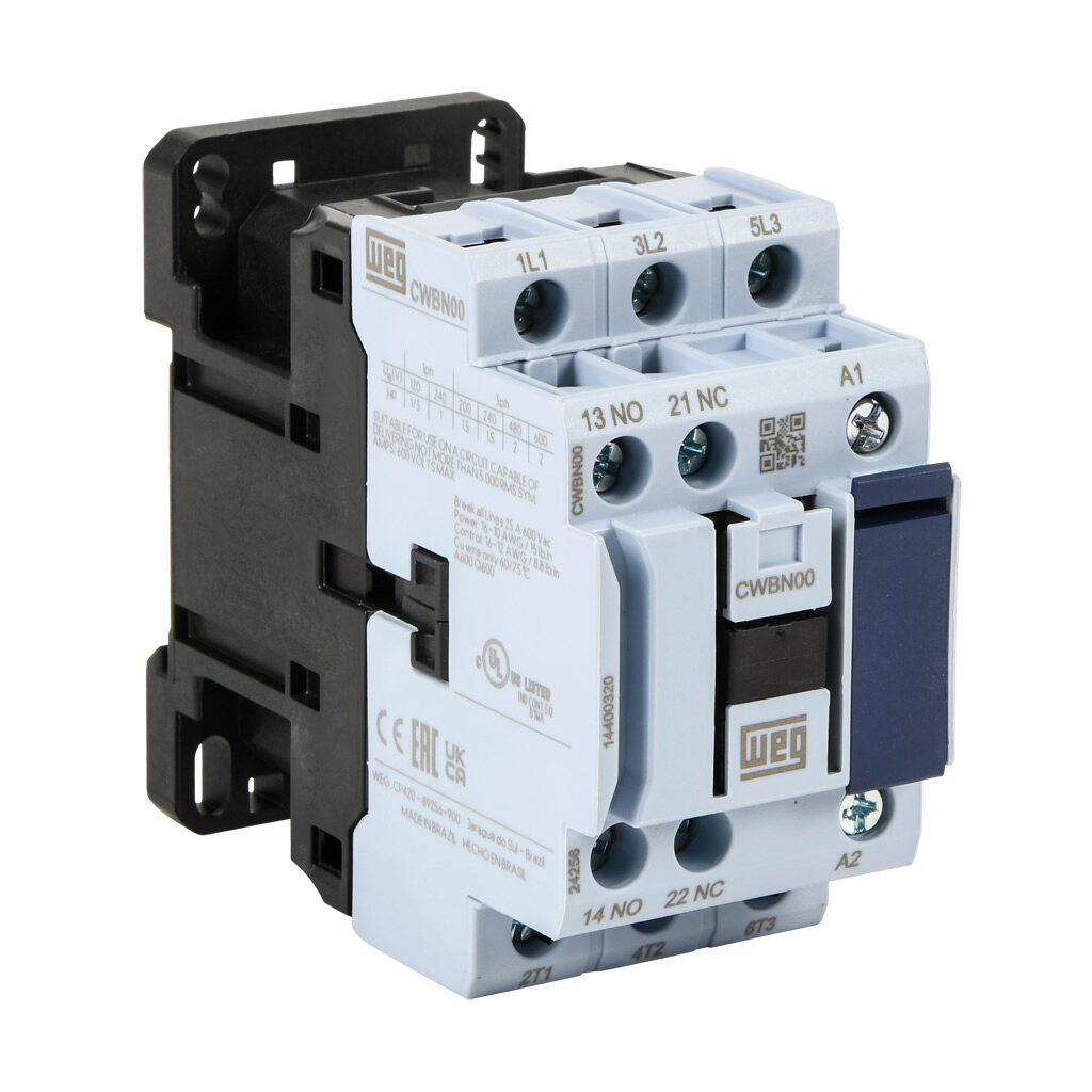 CWBN00-11-30V24 - WEG Electric CWBN series IEC contactor, NEMA size 00, 9A, (3) N.O. power poles, (1) N.O./(1) N.C. auxiliary contacts, 208-240 VAC (60Hz)/180-208 VAC (50Hz) coil voltage.