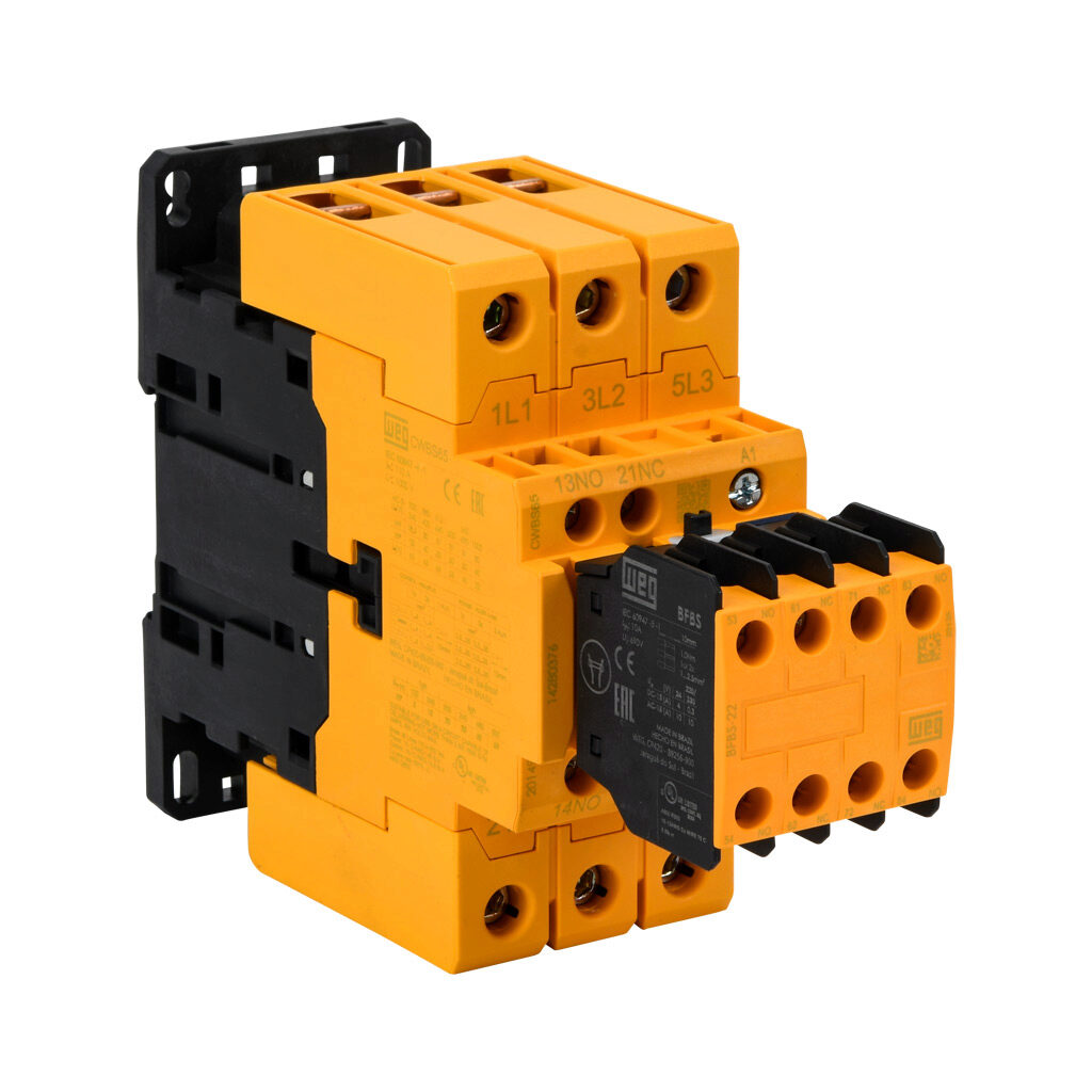 CWBS65-33-30D02 - WEG Electric CWBS series IEC safety contactor, 65A, (3) N.O. power poles, (3) N.O./(3) N.C. safety auxiliary contacts, 24 VAC (50/60Hz) coil voltage.