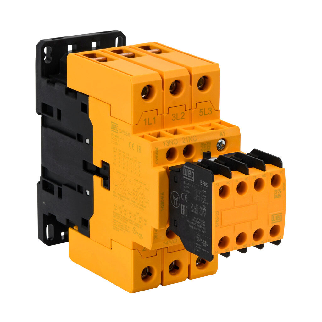 CWBS80-33-30D02 - WEG Electric CWBS series IEC safety contactor, 80A, (3) N.O. power poles, (3) N.O./(3) N.C. safety auxiliary contacts, 24 VAC (50/60Hz) coil voltage.