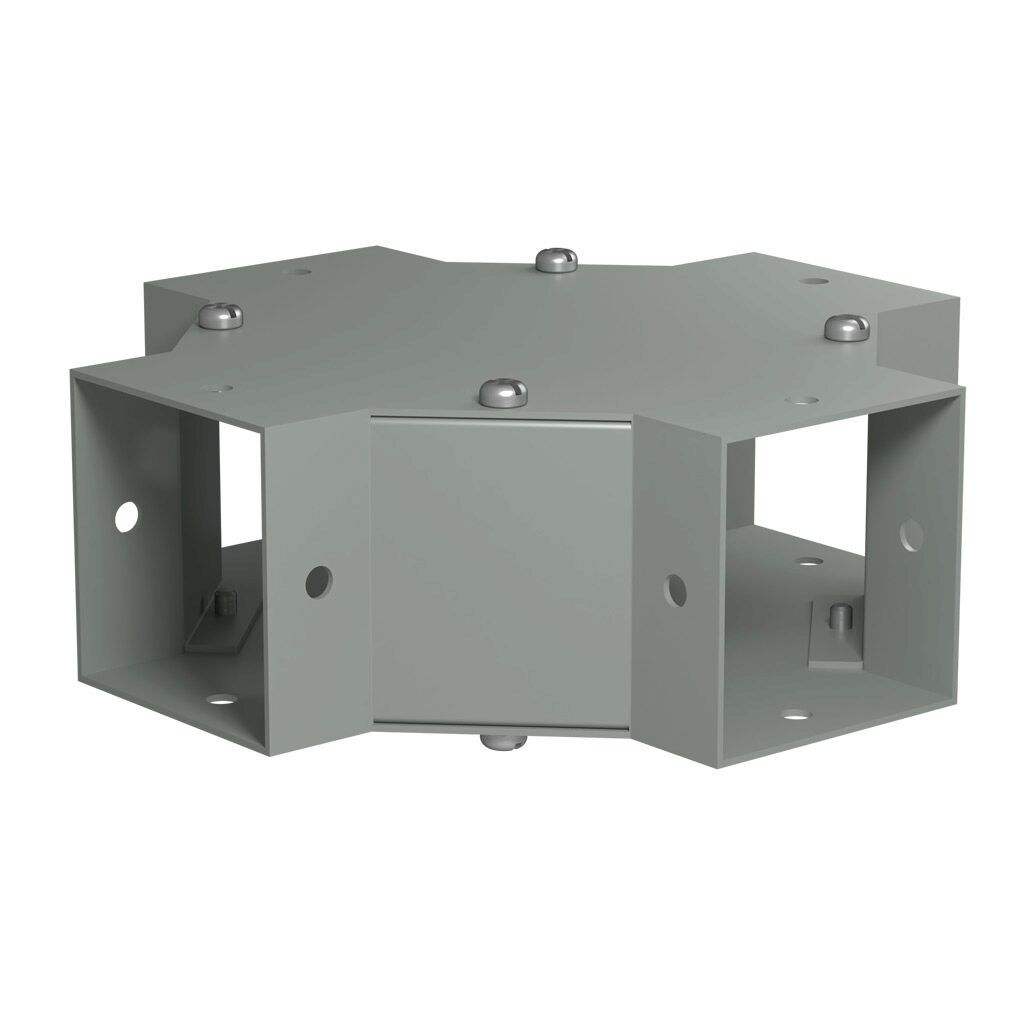 CWCF2 - Hammond CW series lay-in wireway fitting, cross fitting, 2.5 x 2.5in, carbon steel, ANSI 61 gray, powder coat finish, NEMA 1. For use with CW series wireway.