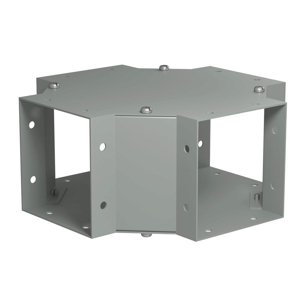 CWCF4 - Hammond CW series lay-in wireway fitting, cross fitting, 4 x 4in, carbon steel, ANSI 61 gray, powder coat finish, NEMA 1. For use with CW series wireway.