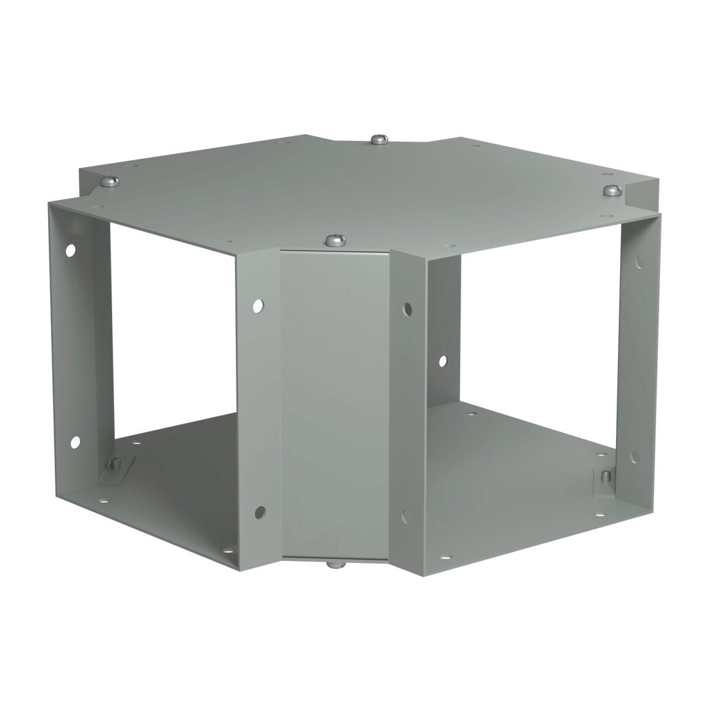 CWCF6 - Hammond CW series lay-in wireway fitting, cross fitting, 6 x 6in, carbon steel, ANSI 61 gray, powder coat finish, NEMA 1. For use with CW series wireway.