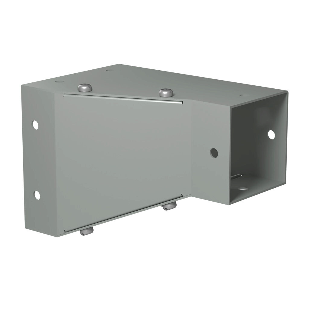 CWCRD42 - Hammond CW series lay-in wireway fitting, corner reducer, 4 x 4in to 2.5 x 2.5in, carbon steel, ANSI 61 gray, powder coat finish, NEMA 1. For use with CW series wireway.