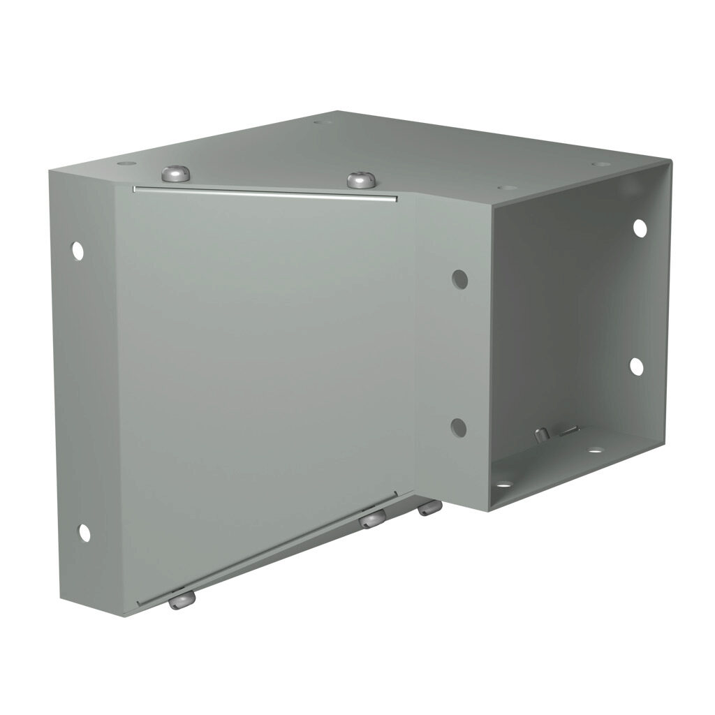 CWCRD64 - Hammond CW series lay-in wireway fitting, corner reducer, 6 x 6in to 4 x 4in, carbon steel, ANSI 61 gray, powder coat finish, NEMA 1. For use with CW series wireway.