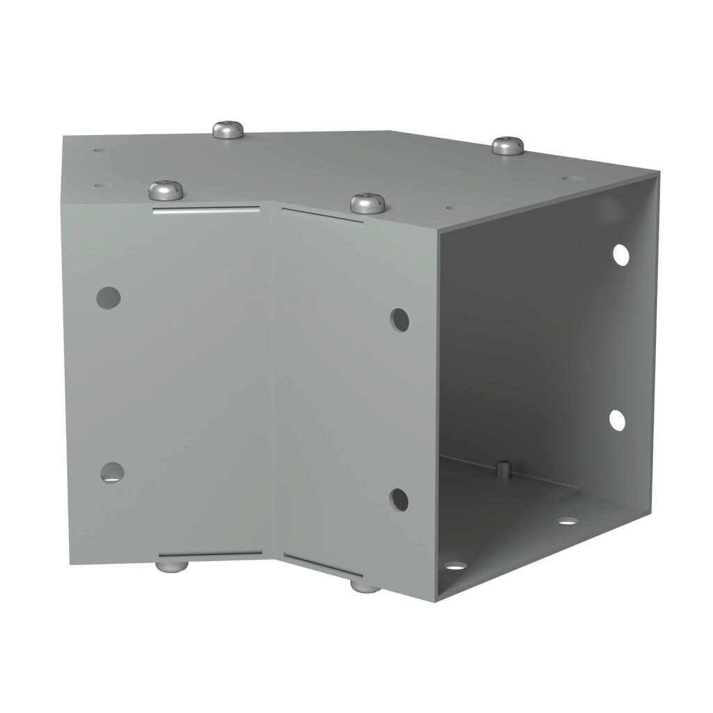 CWEL445 - Hammond CW series lay-in wireway fitting, 45-degree elbow, 4 x 4in, carbon steel, ANSI 61 gray, powder coat finish, NEMA 1. For use with CW series wireway.