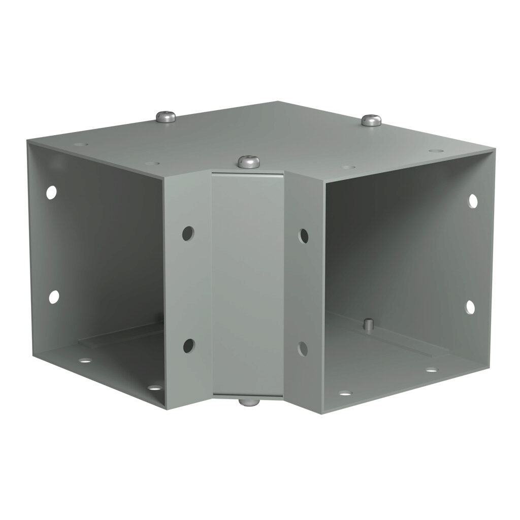 CWEL490 - Hammond CW series lay-in wireway fitting, 90-degree elbow, 4 x 4in, carbon steel, ANSI 61 gray, powder coat finish, NEMA 1. For use with CW series wireway.