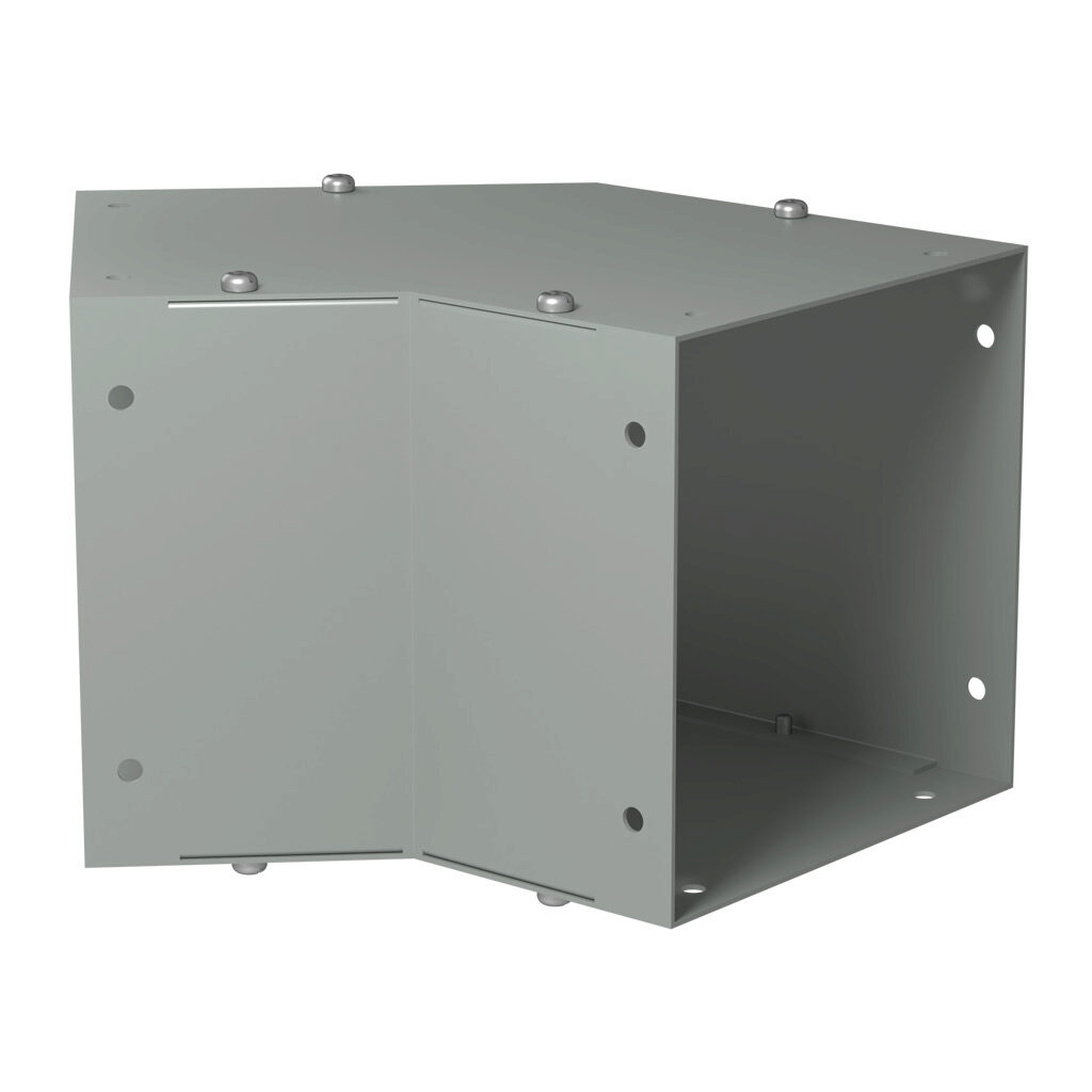 CWEL645 - Hammond CW series lay-in wireway fitting, 45-degree elbow, 6 x 6in, carbon steel, ANSI 61 gray, powder coat finish, NEMA 1. For use with CW series wireway.