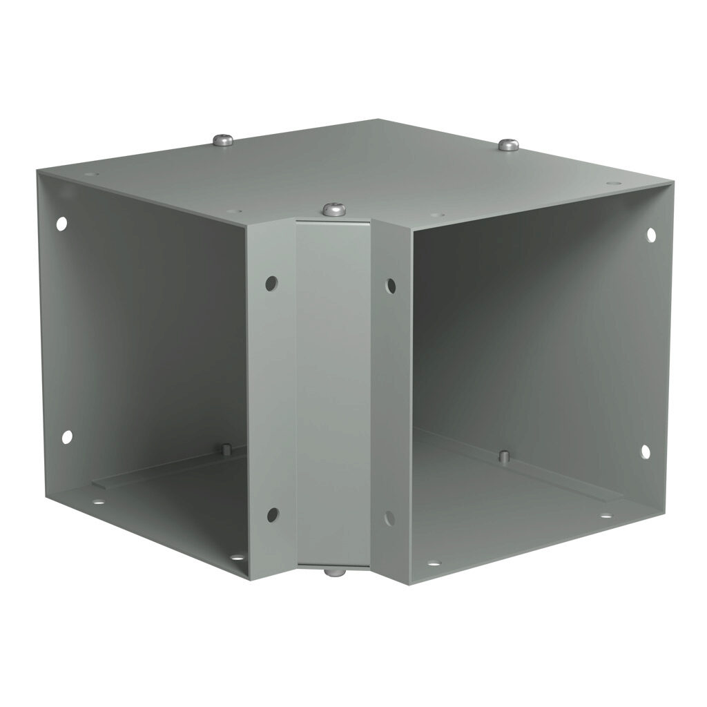 CWEL690 - Hammond CW series lay-in wireway fitting, 90-degree elbow, 6 x 6in, carbon steel, ANSI 61 gray, powder coat finish, NEMA 1. For use with CW series wireway.
