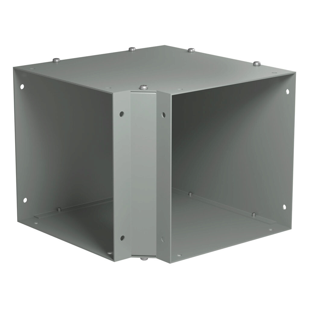 CWEL890 - Hammond CW series lay-in wireway fitting, 90-degree elbow, 8 x 8in, carbon steel, ANSI 61 gray, powder coat finish, NEMA 1. For use with CW series wireway.