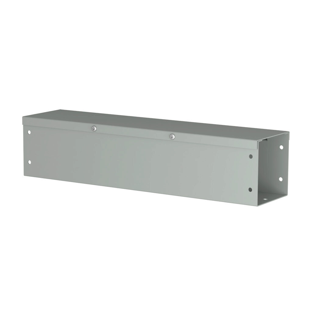 CWST418NK - Hammond CW series lay-in wireway, 4 x 4 x 18in, carbon steel, ANSI 61 gray, powder coat finish, hinged screw cover, NEMA 1.