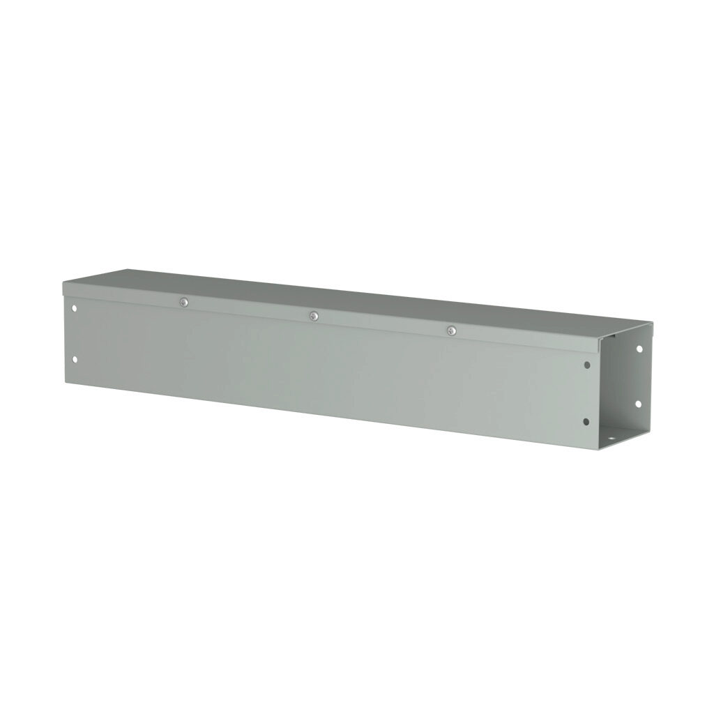 CWST424NK - Hammond CW series lay-in wireway, 4 x 4 x 24in, carbon steel, ANSI 61 gray, powder coat finish, hinged screw cover, NEMA 1.