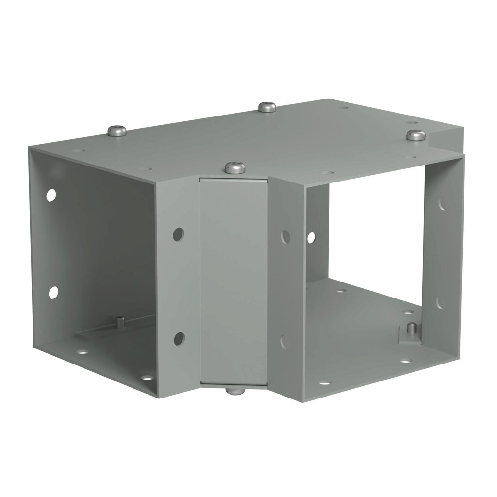 CWTF4 - Hammond CW series lay-in wireway fitting, tee, 4 x 4in, carbon steel, ANSI 61 gray, powder coat finish, NEMA 1. For use with CW series wireway.