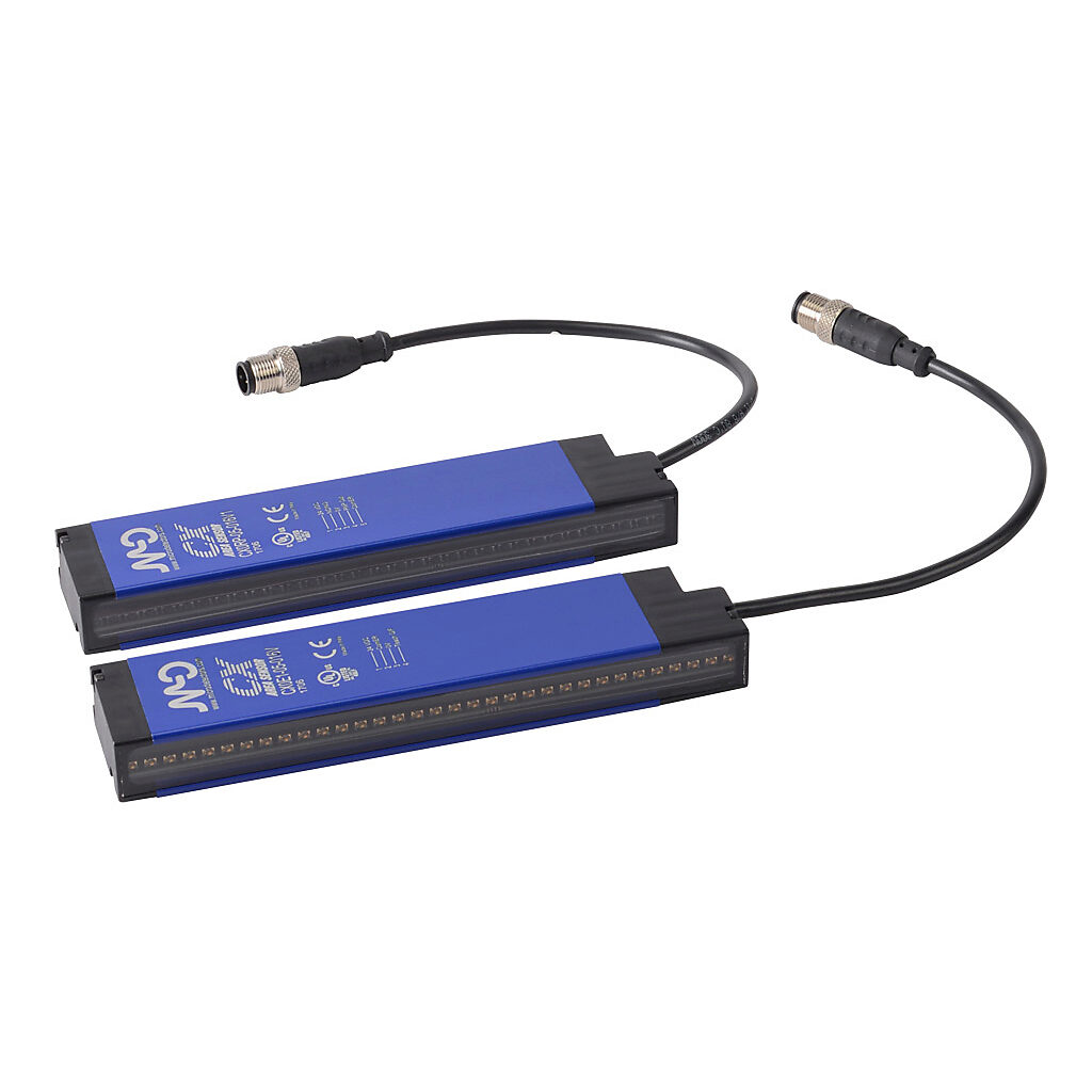 CX0E1RP-05-016V - Micro Detectors CX light grid, sender/receiver pair, object detection, 5mm resolution, 160mm detection height, 0.3-3m operating distance, PNP, (1) 4-pin and (1) 5-pin M12 quick-disconnect.