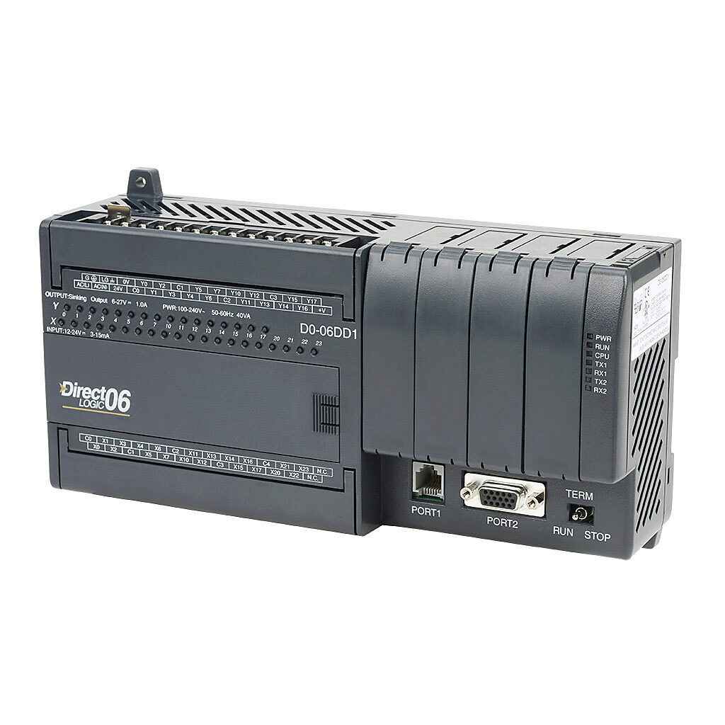 D0-06DD1 - DirectLOGIC DL06 PLC, 120-240 VAC required, serial ports, battery backup, Discrete Input: 20-point, DC, Discrete Output: 16-point, sinking.