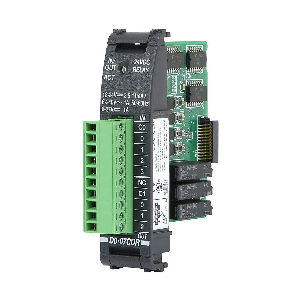 D0-07CDR - DirectLOGIC DL05/06 discrete combo module, Input: 4-point, 12-24 VDC, sinking/sourcing, Output: 3-point, 6-24 VDC/6-240 VAC, (1) Form A (SPST) relay, 1A/point.
