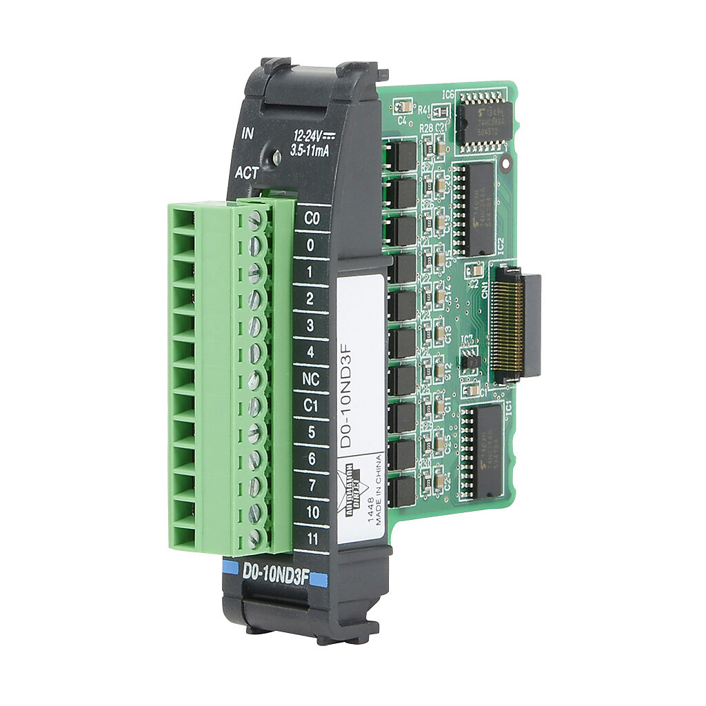D0-10ND3F - DirectLOGIC DL05/06 discrete input module, 10-point, 12-24 VDC, sinking/sourcing, 2 isolated common(s), 5 point(s) per common. Removable terminal block included.