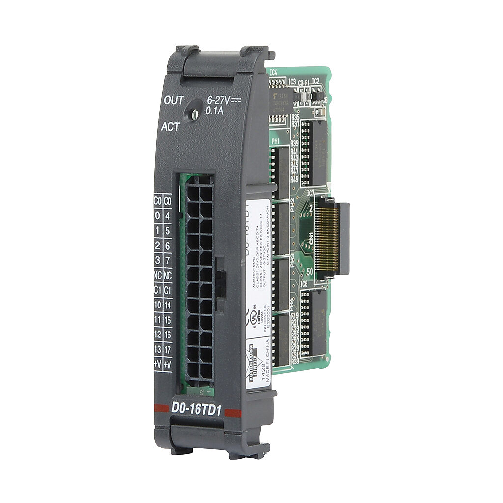 D0-16TD1 - DirectLOGIC DL05/06 discrete output module, 16-point, 6-24 VDC, sinking, 2 common(s), 8 point(s) per common, 0.1A/point, 0.8A/common. Requires ZIPLink pre-wired cable.