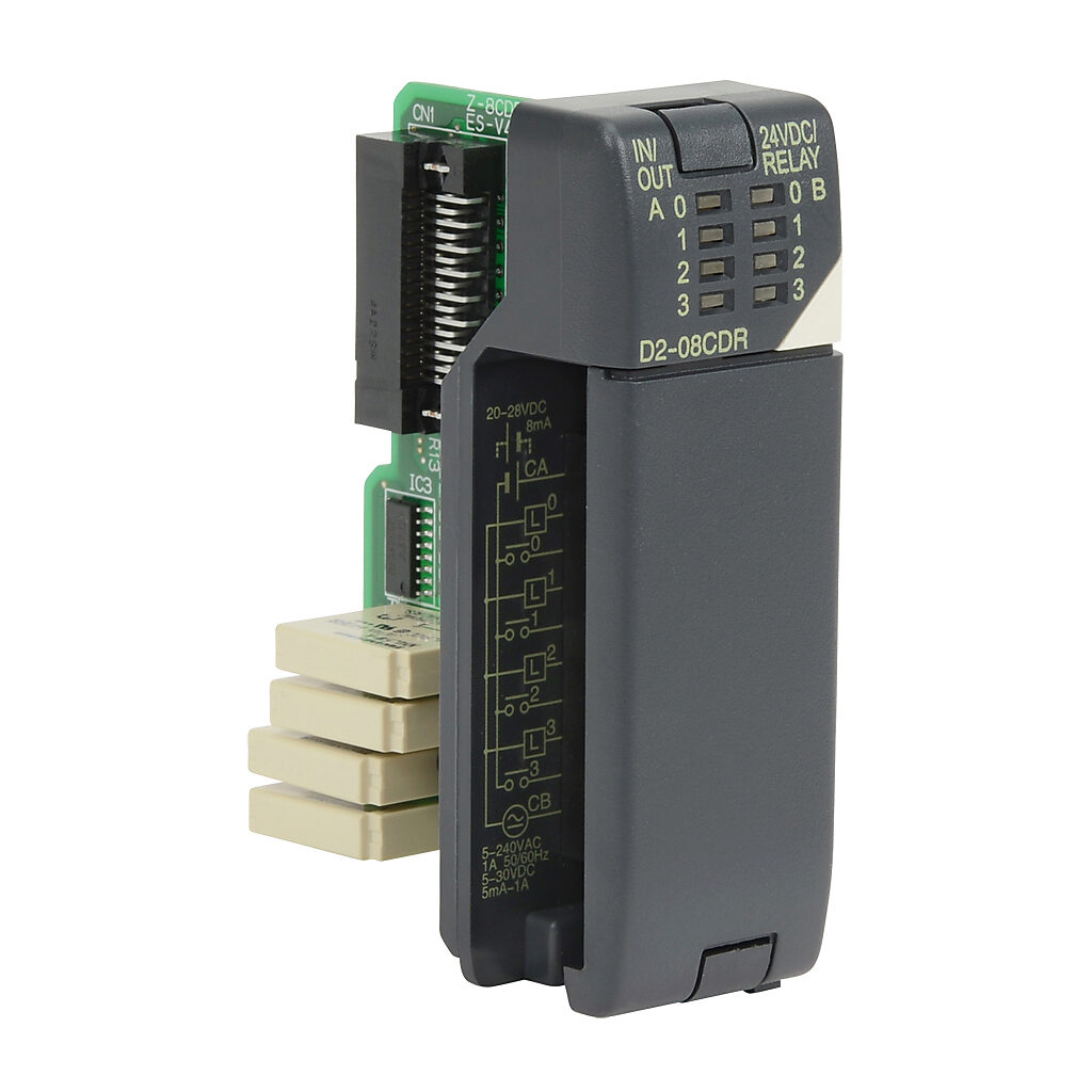 D2-08CDR - DirectLOGIC DL205 discrete combo module, Input: 4-point, 24 VDC, sinking/sourcing, Output: 4-point, 6-24 VDC/6-240 VAC, (1) Form A (SPST) relay, 1A/point, 4A/module.