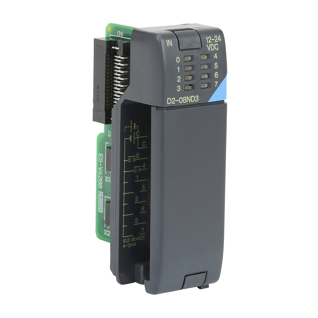 D2-08ND3 - DirectLOGIC DL205 discrete input module, 8-point, 12-24 VDC, sinking/sourcing, 1 common(s), 8 point(s) per common. Removable terminal block included.