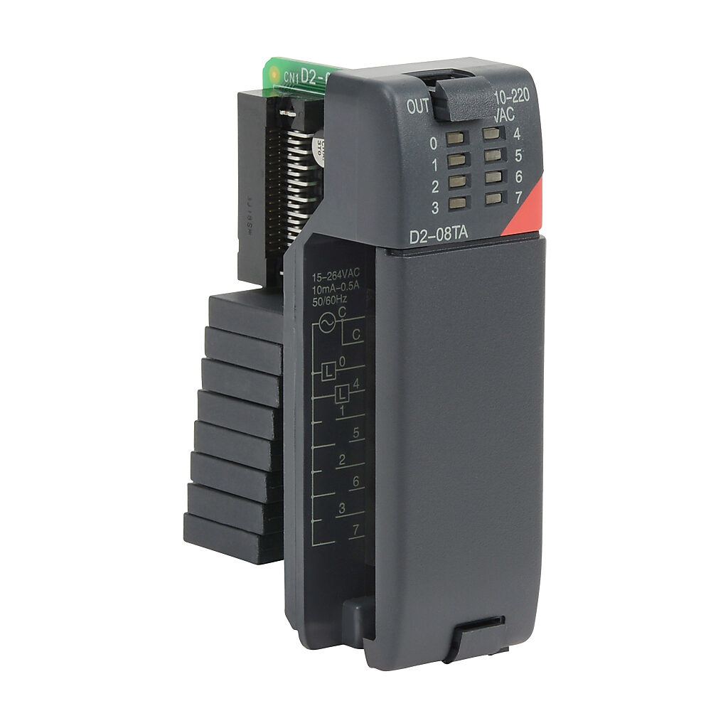 D2-08TA - DirectLOGIC DL205 discrete output module, 8-point, 24-240 VAC, 1 common(s), 8 point(s) per common, 0.5A/point, 4A/common. Removable terminal block included.