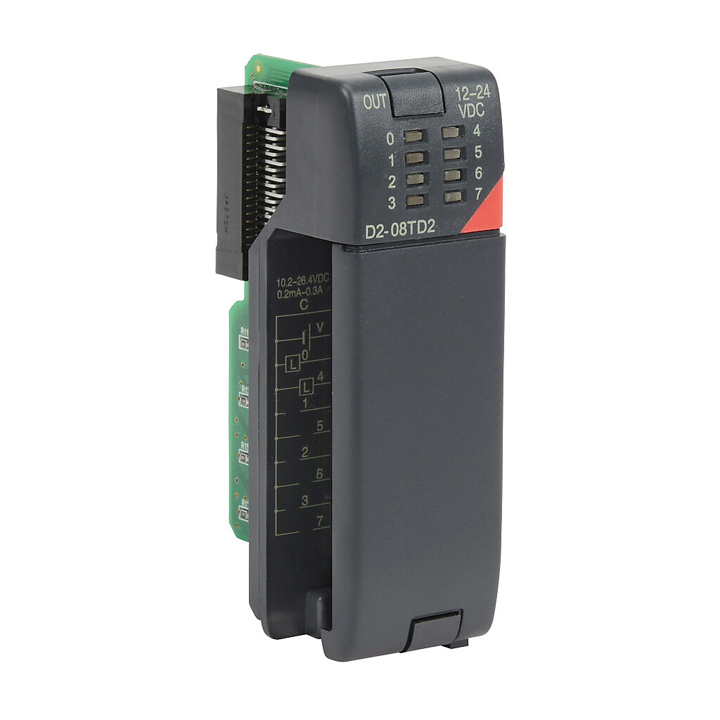 D2-08TD2 - DirectLOGIC DL205 discrete output module, 8-point, 12-24 VDC, sourcing, 1 common(s), 8 point(s) per common, 0.3A/point, 2.4A/module. Removable terminal block included.
