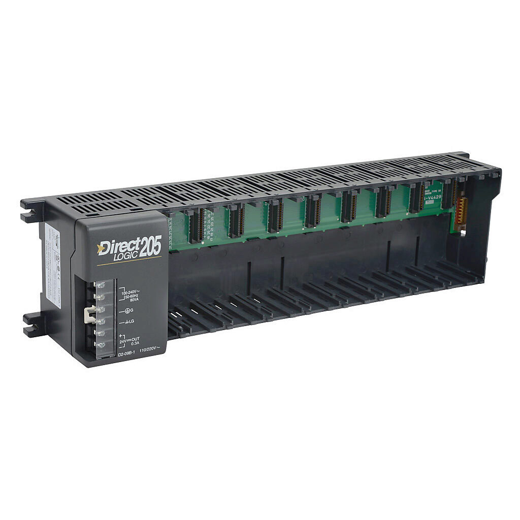 D2-09B-1 - DirectLOGIC DL205 I/O base, 9-slot, DIN rail or panel mount, external 110-220 VAC required. 24 VDC 300 mA isolated auxiliary output power included.