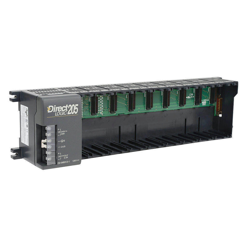 D2-09BDC2-1 - DirectLOGIC DL205 I/O base, 9-slot, DIN rail or panel mount, external 125 VDC required.