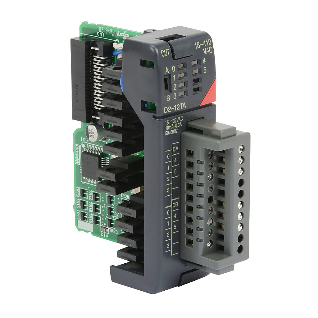 D2-12TA - DirectLOGIC DL205 discrete output module, 12-point, 24-120 VAC, 2 isolated common(s), 6 point(s) per common, 0.3A/point, 1.8A/common. Removable terminal block included.