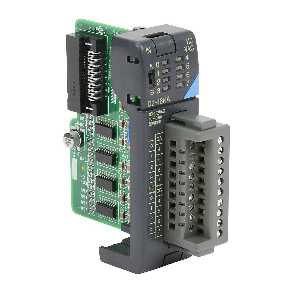 D2-16NA - DirectLOGIC DL205 discrete input module, 16-point, 120 VAC, 2 isolated common(s), 8 point(s) per common. Removable terminal block included.