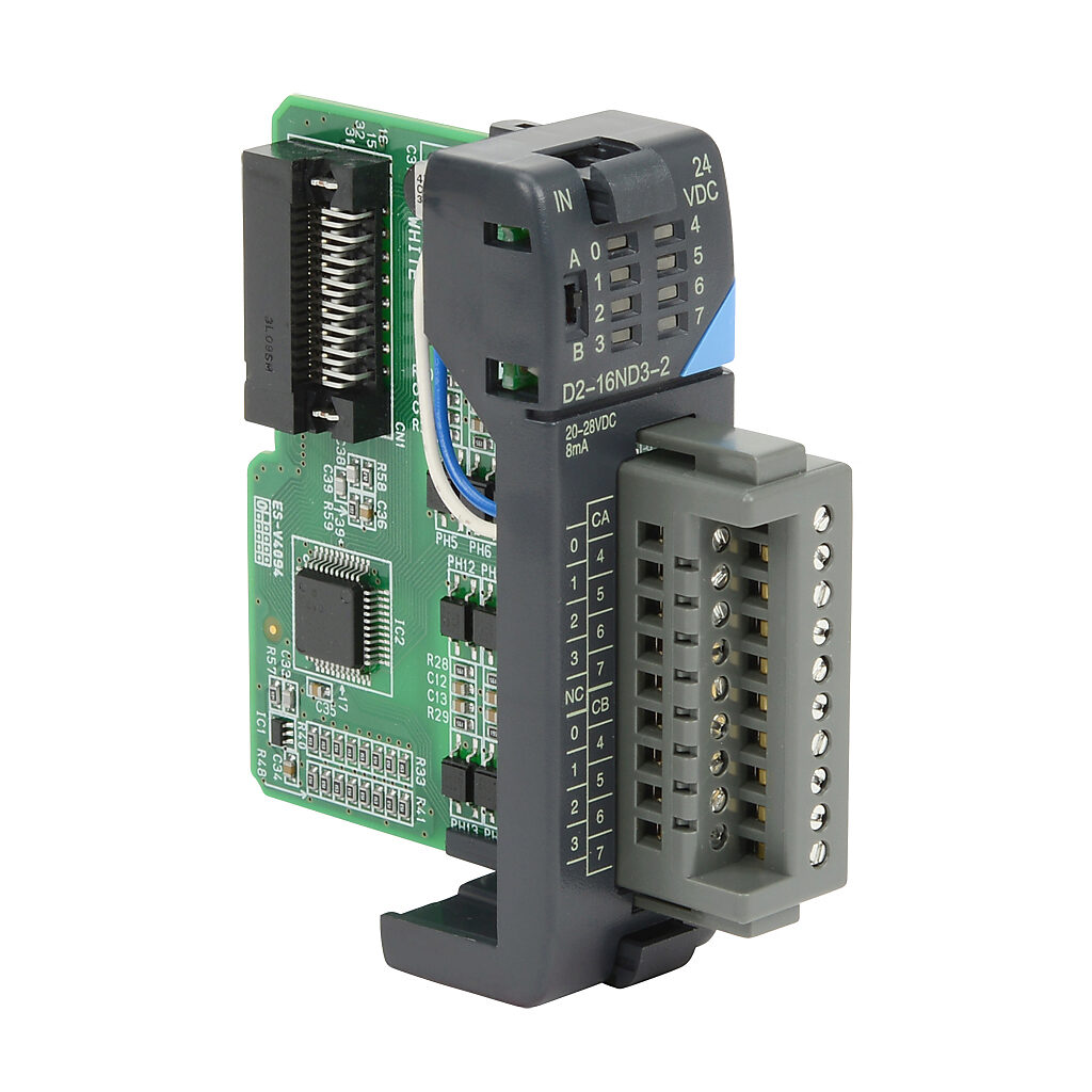 D2-16ND3-2 - DirectLOGIC DL205 discrete input module, 16-point, 24 VDC, sinking/sourcing, 2 isolated common(s), 8 point(s) per common. Removable terminal block included.