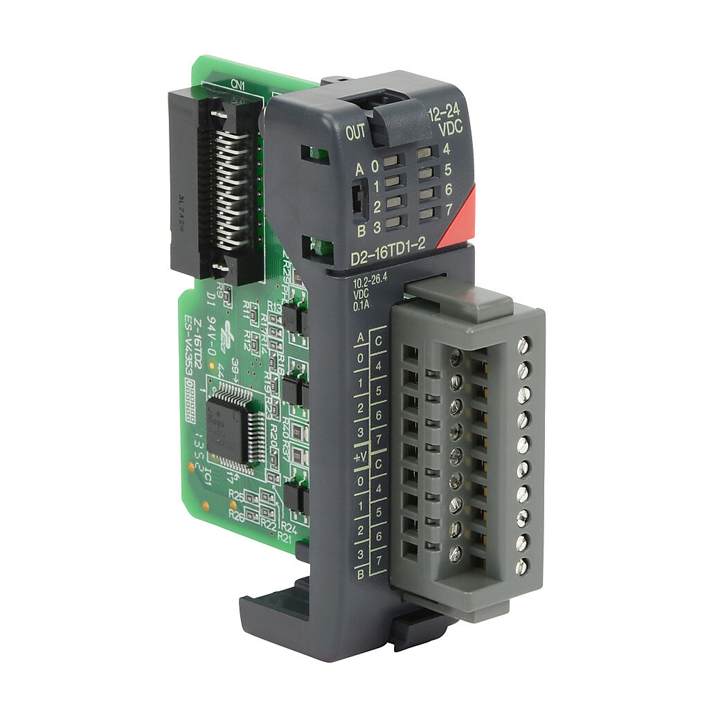 D2-16TD1-2 - DirectLOGIC DL205 discrete output module, 16-point, 12-24 VDC, sinking, 1 common(s), 16 point(s) per common, 0.1A/point, 1.6A/module. Removable terminal block included.