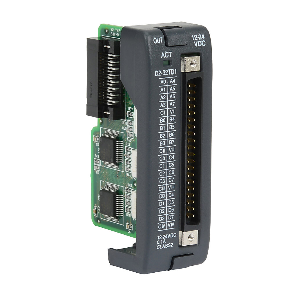 D2-32TD1 - DirectLOGIC DL205 discrete output module, 32-point, 12-24 VDC, sinking, 4 isolated common(s), 8 point(s) per common, 0.1A/point, 3.2A/module. Requires ZIPLink pre-wired cable.