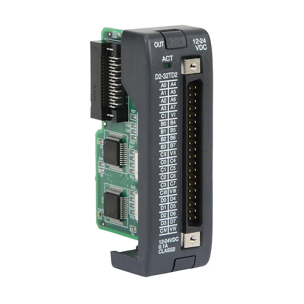 D2-32TD2 - DirectLOGIC DL205 discrete output module, 32-point, 12-24 VDC, sourcing, 4 isolated common(s), 8 point(s) per common, 0.1A/point, 3.2A/module. Requires ZIPLink pre-wired cable.