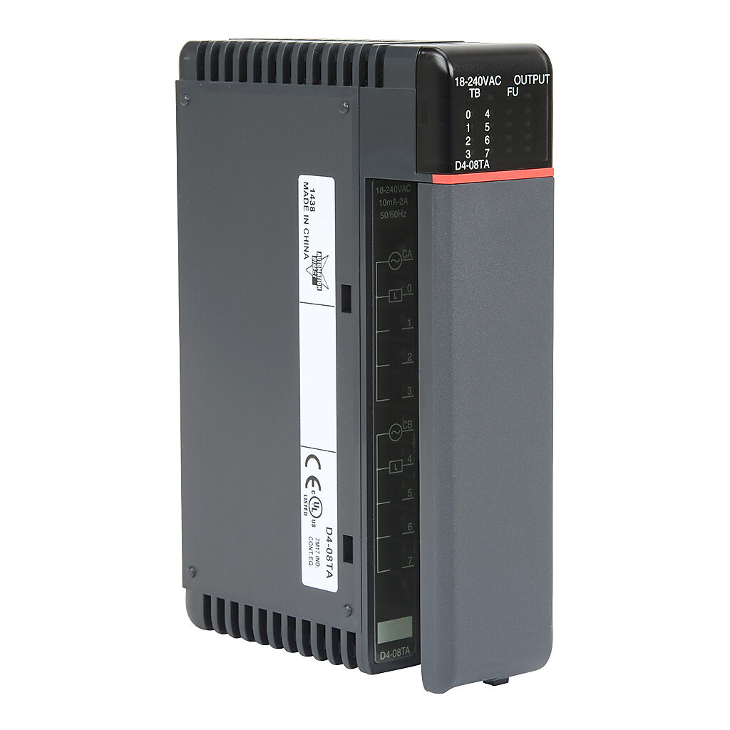 D4-08TA - DirectLOGIC DL405 discrete output module, 8-point, 24-240 VAC, 2 isolated common(s), 4 point(s) per common, 2A/point, 5A/common. Removable terminal block included.