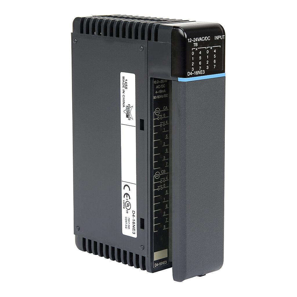 D4-16NE3 - DirectLOGIC DL405 discrete input module, 16-point, 12-24 VAC/VDC, sinking/sourcing, 2 isolated common(s), 8 point(s) per common. Removable terminal block included.