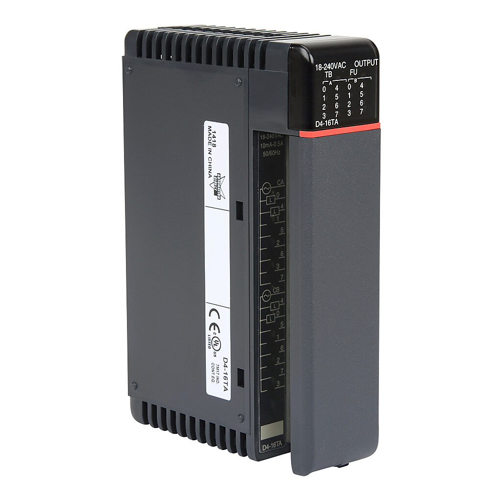 D4-16TA - DirectLOGIC DL405 discrete output module, 16-point, 24-240 VAC, 2 isolated common(s), 8 point(s) per common, 0.5A/point, 3A/common. Removable terminal block included.