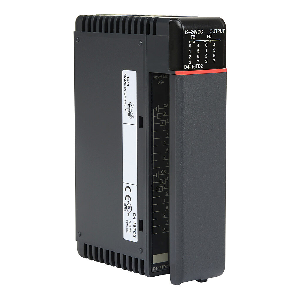D4-16TD2 - DirectLOGIC DL405 discrete output module, 16-point, 12-24 VDC, sourcing, 2 isolated common(s), 8 point(s) per common, 0.5A/point, 3A/common. Removable terminal block included.