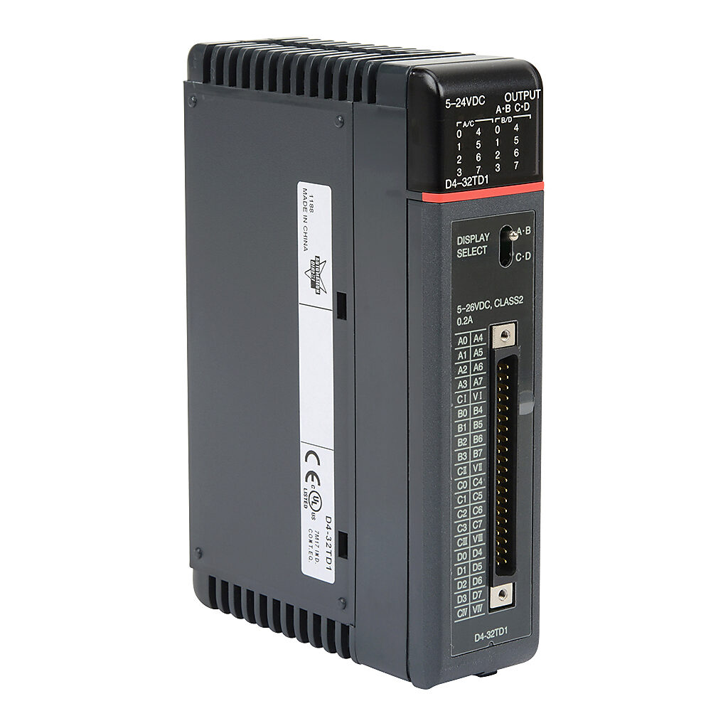 D4-32TD1 - DirectLOGIC DL405 discrete output module, 32-point, 6-24 VDC, sinking, 4 isolated common(s), 8 point(s) per common, 0.2A/point, 1.6A/common. Requires ZIPLink pre-wired cable.