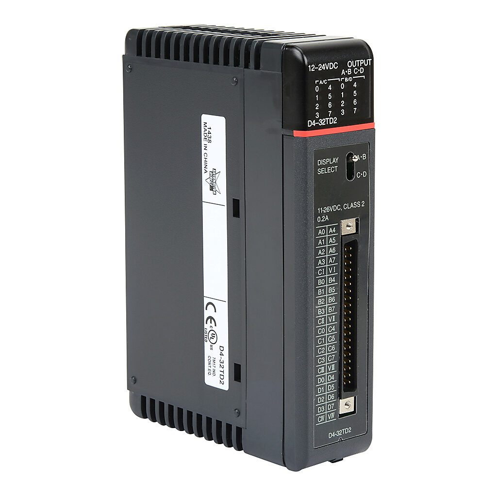 D4-32TD2 - DirectLOGIC DL405 discrete output module, 32-point, 12-24 VDC, sourcing, 4 isolated common(s), 8 point(s) per common, 0.2A/point, 1A/common, 4A/module. Requires ZIPLink pre-wired cable.
