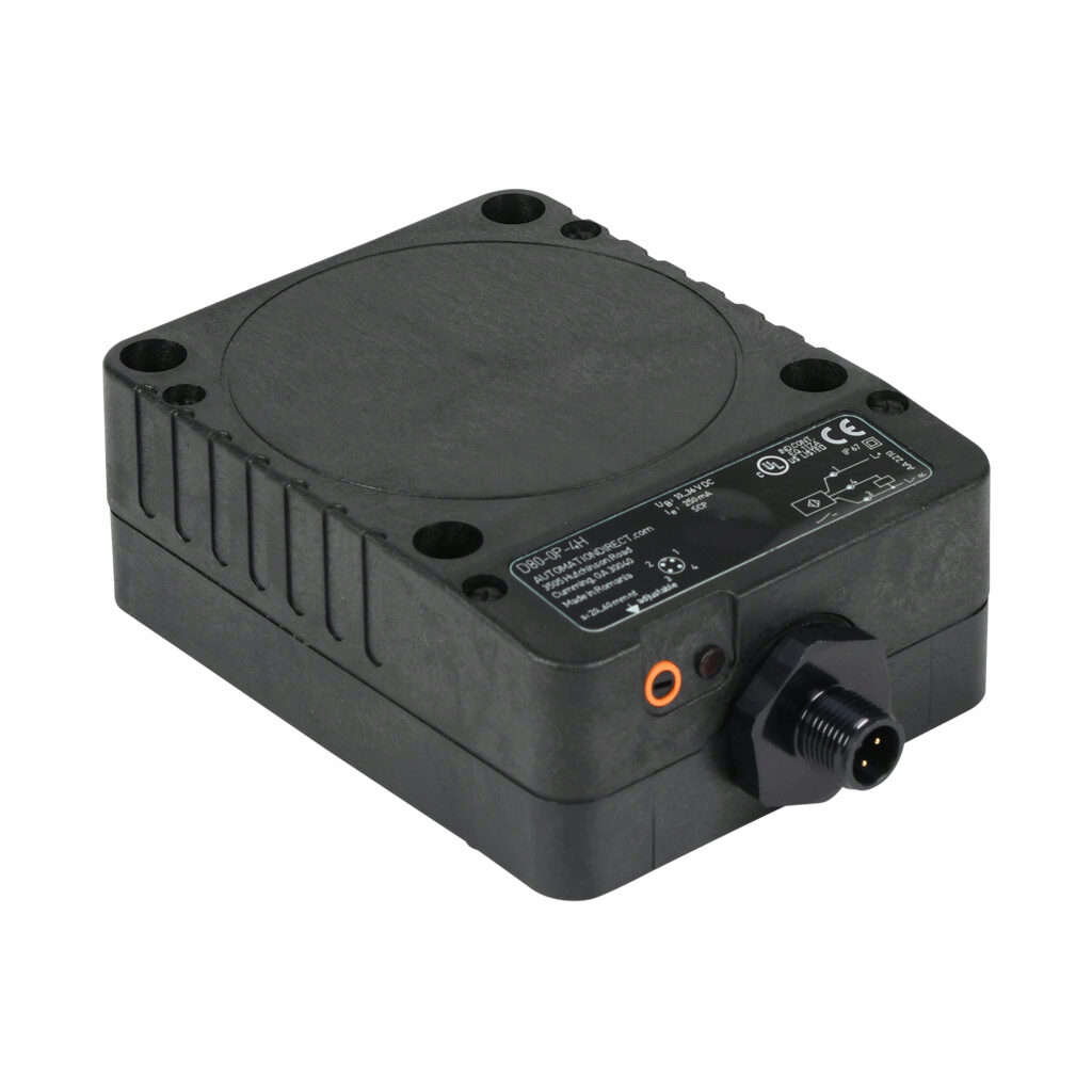 D80-0P-4H - ProSense inductive proximity sensor, rectangular, 80 x 40 x 105mm body, polyphenylene ether housing, PNP, N.O./N.C. selectable output, 20-60mm sensing distance, non-flush, 100 Hz switching frequency, IP67, 4-pin M12 quick-disconnect.